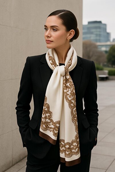 VİZYON Arsima Ekru %100 Simli Saf Ipek Şal Fular