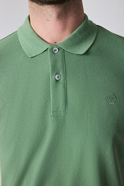 D'S Damat Regular Fit Light Green Pique Textured 100% Cotton Non-Curling Polo Neck Embroidered T-Shirt