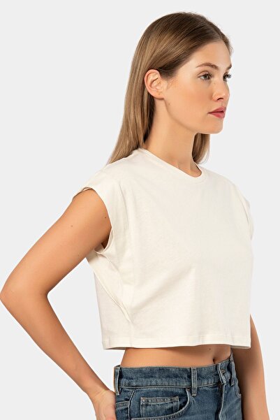 TÜREN Women's Vatka Look Crop T-Shirt Ecru Model 3402