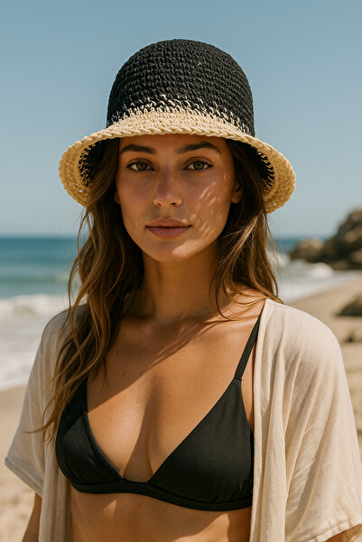 Luminos Butik Slamnati šešir - crno-bež, uvezeno ručno pleteno, Hsr2072