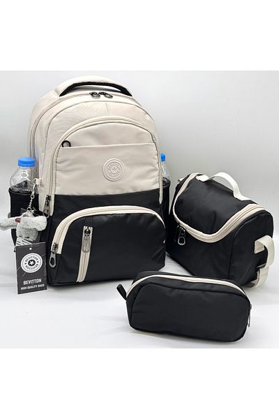 Bevitton First School Bag Set of 3 Unisex Children's Primary School Bag Bvt-8010 Beige-Black