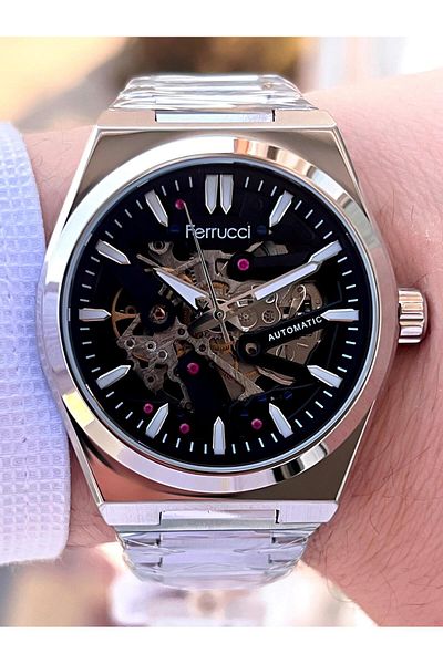 Ferrucci Black Tar Sand Skeleton Model Automatic Active 30 Mt Water Resistant Steel Band Men's Wrist Watch