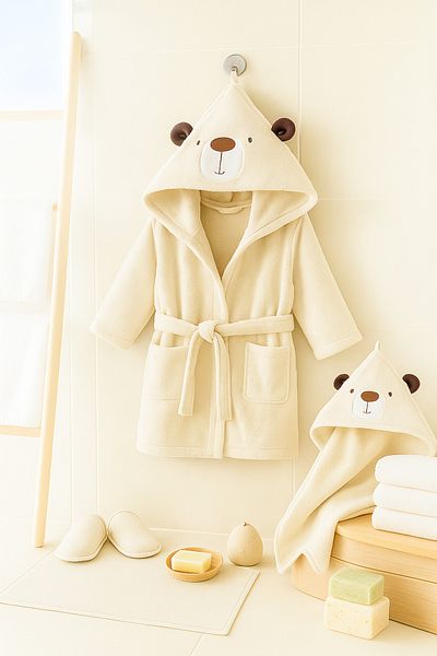 Bebitof Cute Teddy Bear Patterned 100% Cotton Bathrobe Set 0-2 Years Old Boxed
