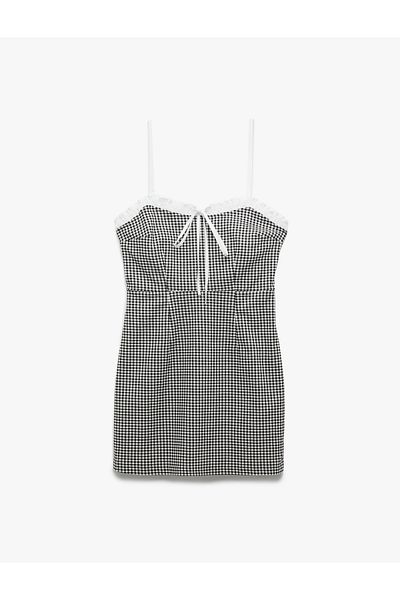 Koton Lace Bow Detail Thin Strap Gingham Mini Dress