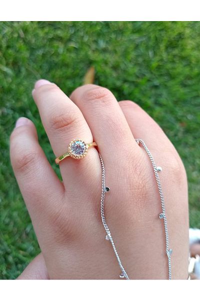 mos&more Gold Trend White Solitaire Adjustable Steel Ring