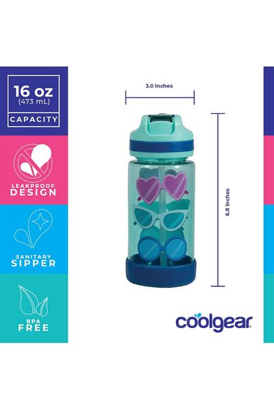 Coolgear Kid's Pier Leakproof Sipper Water Bottle, Finger Loop On Cap For Easy Carrying, Later Gator 16 Fl Oz