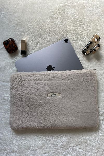 eles Beige Plush Leopard Pattern Tablet Bag, Beige Plush Tablet Case, Plush Tablet Bag