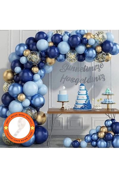 Konsept Sepeti Σετ μπαλόνια αλυσίδας 100 τμχ - Μπλε, Navy Blue, Chrome Gold, Confetti και Silver Welcome Banner