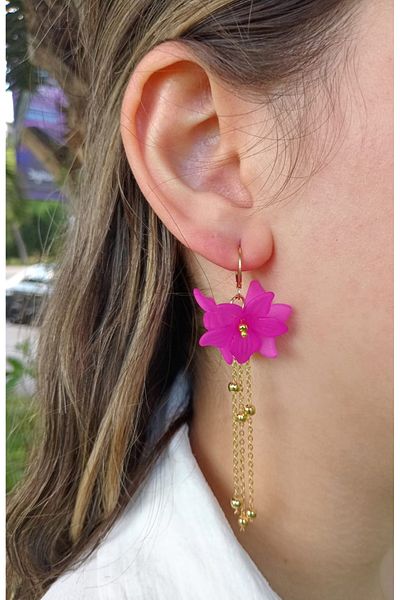 mos&more Purple Flower Gold Dangle Long Women's Earrings