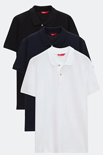 D'S Damat Ds Damat Regular Fit Black/White/Navy Blue Pique Textured 100% Cott...