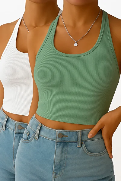ÖZ PAMUK 2-Piece Ribbed Crop Tank Top - Women's, Cross Sleeveless