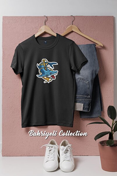 bahriyeli.jpeg تي شيرت كبير الحجم على شكل سمكة قرش ورسومات - تصميم مرساة للجنسين