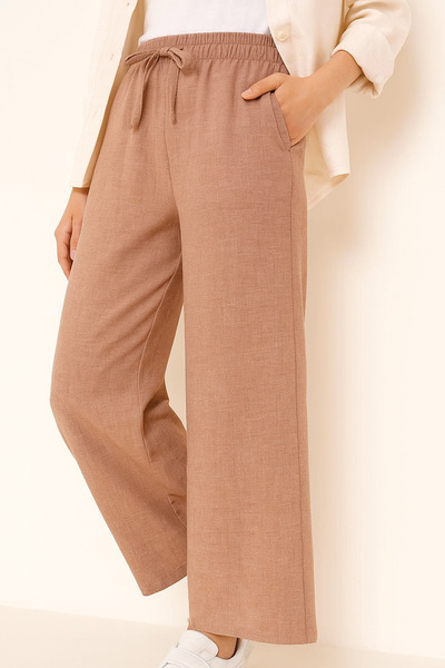 LEGS STAR Women's Beige Sofia Linen Double Pocket Wide Leg Trousers
