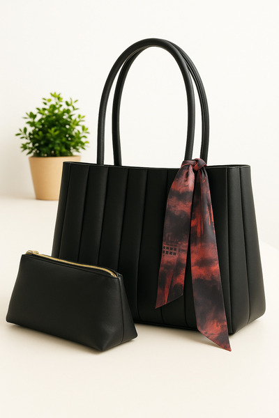 Satuna Siyah Omuz Çantası – Fular Detaylı Mini Çanta Ile Ikili Set