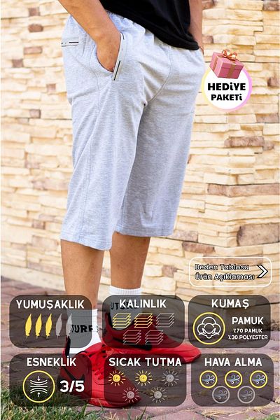Azıcık Akıllı Men's Gray Comfortable Fabric Three-Pocket Zipper Drawstring Long Bermuda Shorts 21ebrmusr1