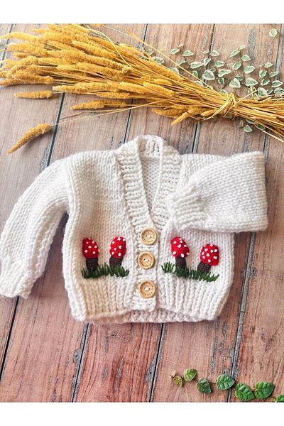 seraskids WHite MusHroom Patterned Baby Cardigan - Hand Knitted