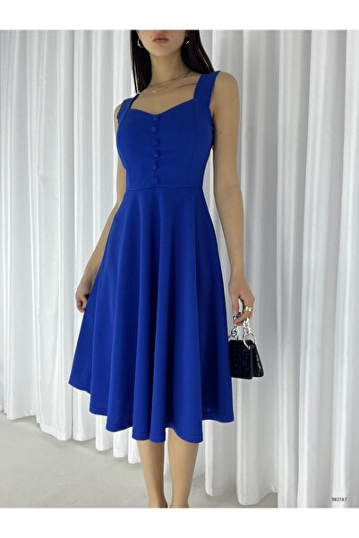 Varyete Askılı Kalp Yaka Midi Boy Krep Kumaş Abiye Elbise