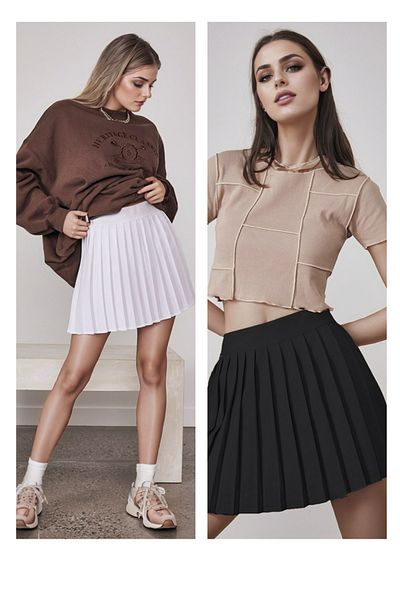 Modabenna Fusta mini plisată din crepon de calitate negru-ecru pentru femei, talie elastică, plisată, plisată, 40 cm, genunchi