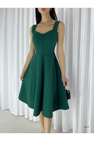 Varyete Askılı Kalp Yaka Midi Boy Krep Kumaş Abiye Elbise