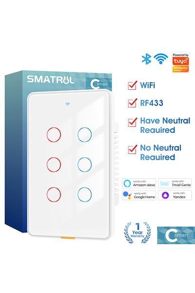 Choice Us Standard 110-240v White 6gang Tuya Smart Switch No Neutral Wire Wireless Wifi Rf433 Us Touch Swit
