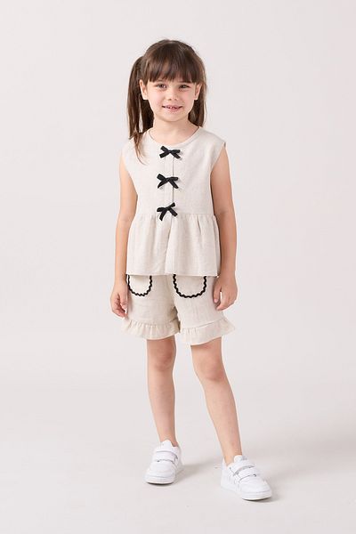 Minipodyum Girls' Linen Summer Double Suit with Bow Detail Shorts
