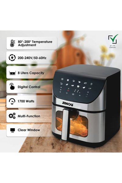 JINOU Air Fryer 8L with Non-Stick Bucket, Touch Panel & 10 Free Paper Liners for Multi-Cooking
