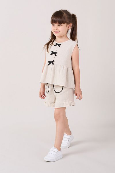 Minipodyum Girls' Linen Summer Double Suit with Bow Detail Shorts