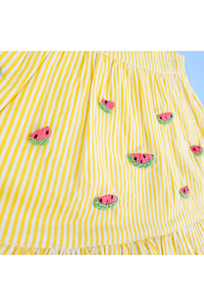 KeeBee Organic Cotton Watermelon Embroidered Yellow Striped Girls Dress