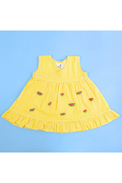 KeeBee Organic Cotton Watermelon Embroidered Yellow Striped Girls Dress