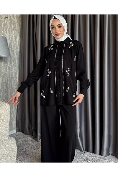 nizzell Women's New Season Embroidered Hijab Tunic Pants Suit Comfortable Stylish Suit Black