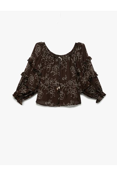 Koton Βισκόζη Crinkle ύφασμα βολάν 3/4 μπαλόνι μανίκι λουλούδι κεντημένη μπλούζα με στρογγυλή λαιμόκοψη