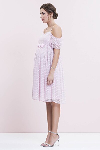 Genel Markalar Çiçek Detaylı Tül Kısa Abiye Hamile Elbise Pembe