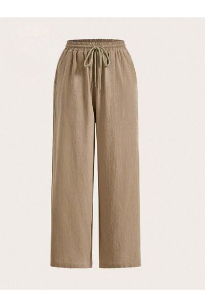 trendgar Bej Keten Karışımlı Lastikli Yüksek Bel Wide Leg Pantalon