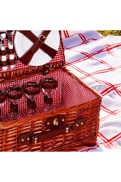 Perotti Cestino Italy 4-Person Wicker, Plaid Pattern Lined, Portable Picnic Basket with Accessory Basket
