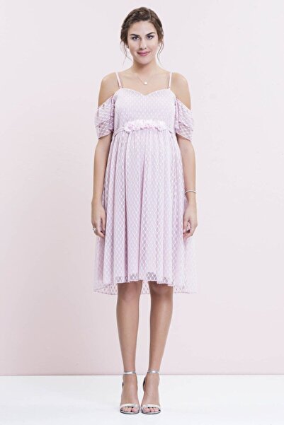 Genel Markalar Çiçek Detaylı Tül Kısa Abiye Hamile Elbise Pembe