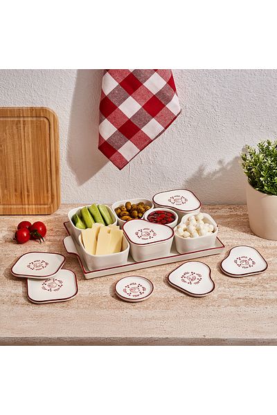 Aryıldız Bird Red 15 Pieces Oval Breakfast Table with Tray