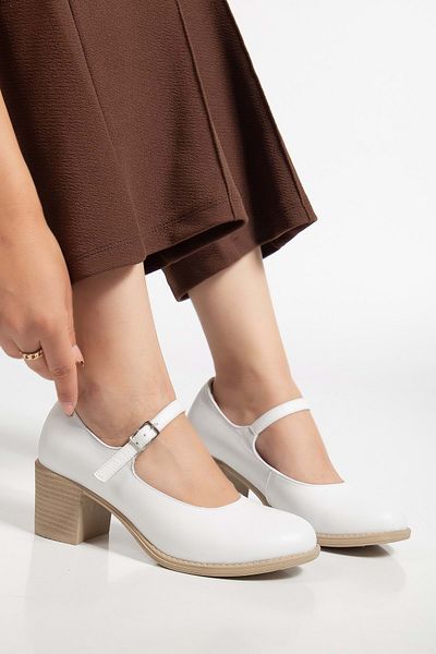 ANALİN SHOES Women's Genuine Leather Strappy Heeled Shoes - White