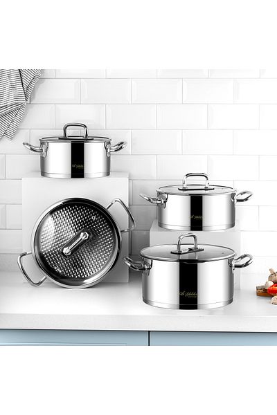 Aryıldız Vogue 8 Piece Glass Lid Steel Cookware Set