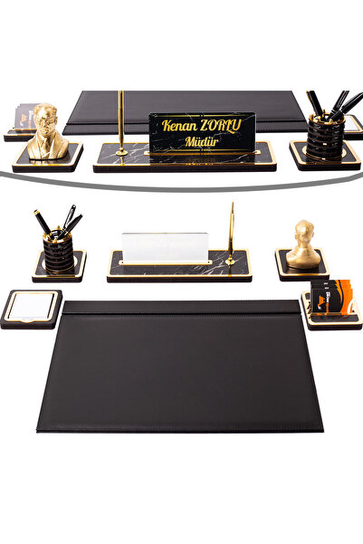 isimliksepeti Mermer Desen Atatürk Ahşap Sümen Takımı Masa İsimliği Deri Sümen