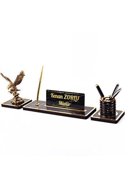 isimliksepeti Mermer Desenli Kartal Biblolu Masa İsimliği 3 Parça Ahşap İsimlik