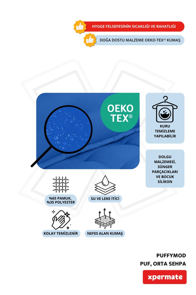 XPERMATE Dekoratif Kare Puf Orta Sehpa Ayak Uzatma Puf 40x40 Cm Mavi Puffymod