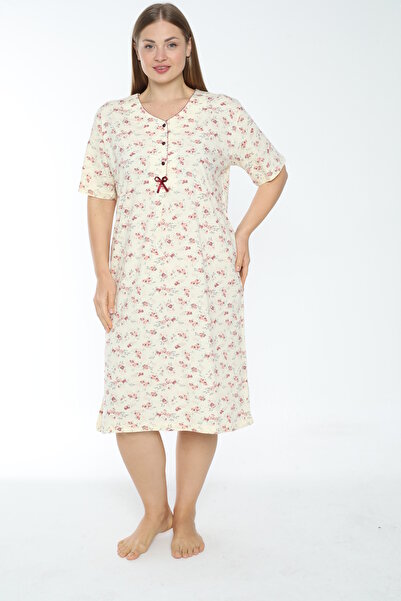MİSS LOLİTA Women's Plus Size Floral Print 100% Cotton Short Sleeve Nightgown 501-B