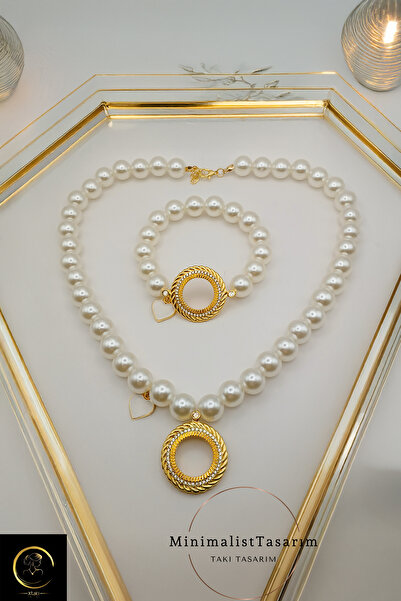 xtaki Kalpli çeyrekli bileklik - İncili çeyrekli kolye - çeyrek inci bileklik, Çeyrekli inci kolye set