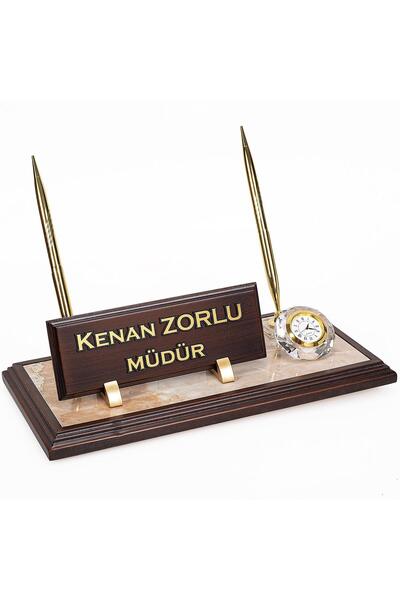 isimliksepeti Mermer Zeminli Çift Kalemli Masa Isimlik Ahşap Masa Isimliği