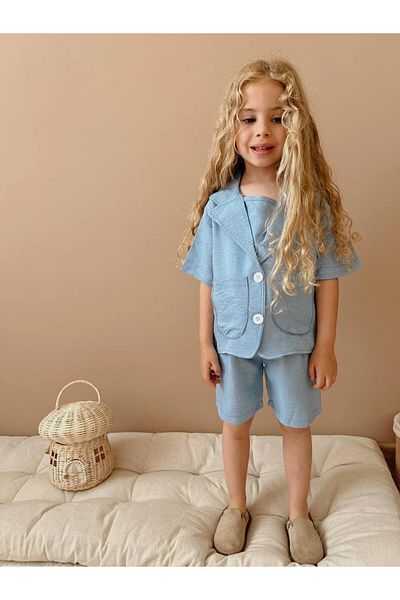 Yalçınoğlu Kids بدلة كتان مريحة I مجموعة بناتي صيفية مع شورت I بدلة صيفية بناتي 3 قطع