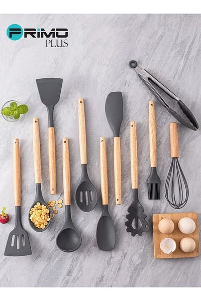 Primo Plus 11-Piece Non-Stick Silicone Cookware Set with Wooden Handle (Black)
