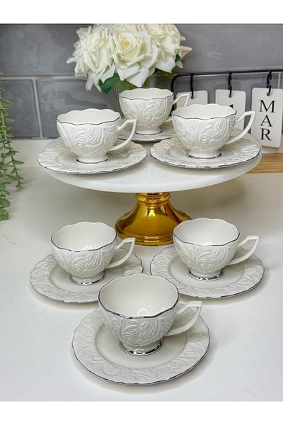 Frapan Home İpk 12 Piece 6-Person Porcelain Coffee Cup Set Silver Gilding Platinum