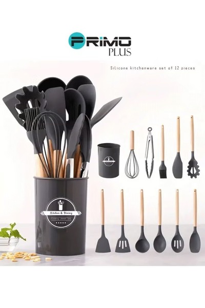 Primo Plus مجموعة أواني طهي سيليكون غير لاصقة مكونة من 11 قطعة بمقبض خشبي (أسود)