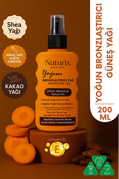 Naturix Yoğun Bronzlaştırıcı Yağ | Havuç & Kakao Yağı, Vitamin E, Tüm Cilt Ti...