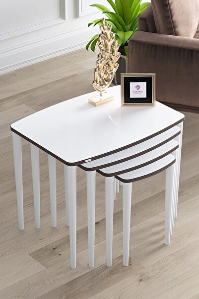 Canisa Concept Telwe Serisi, Beyaz Mdf Zigon Sehpa Takımı 4lü, Ceviz Kenar, B...